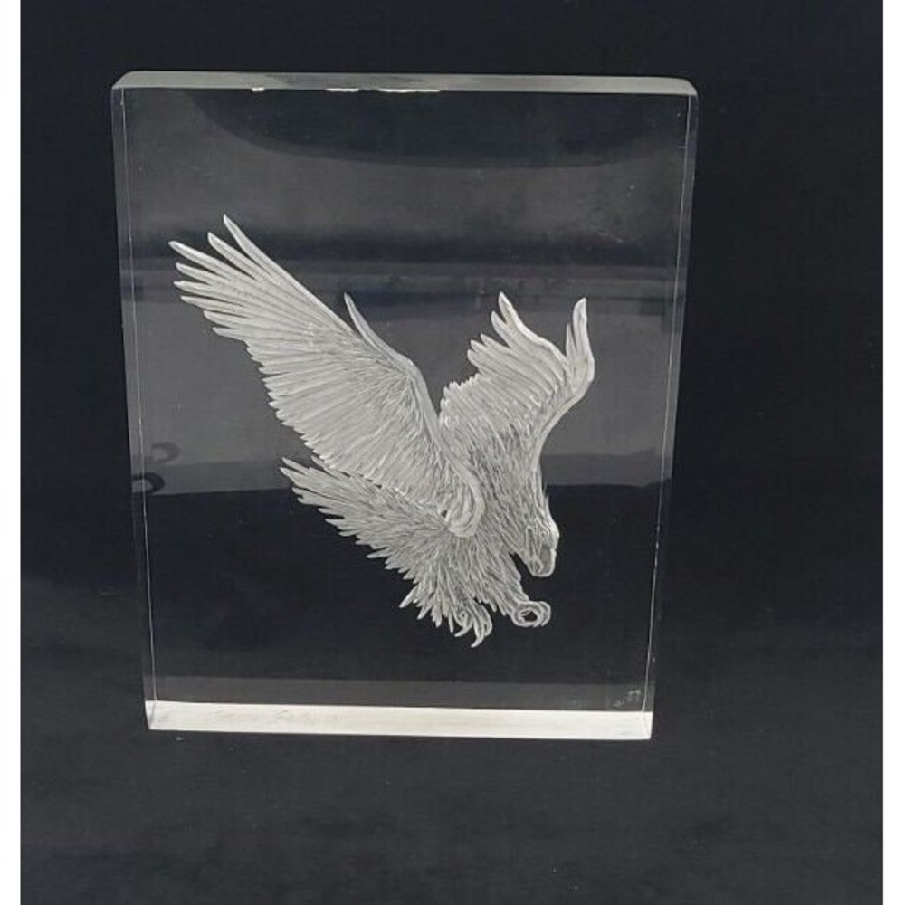 Vintage Joseph Galvan Etched Lucite Acrylic Sculpture Eagle Signed 1981 As-Is